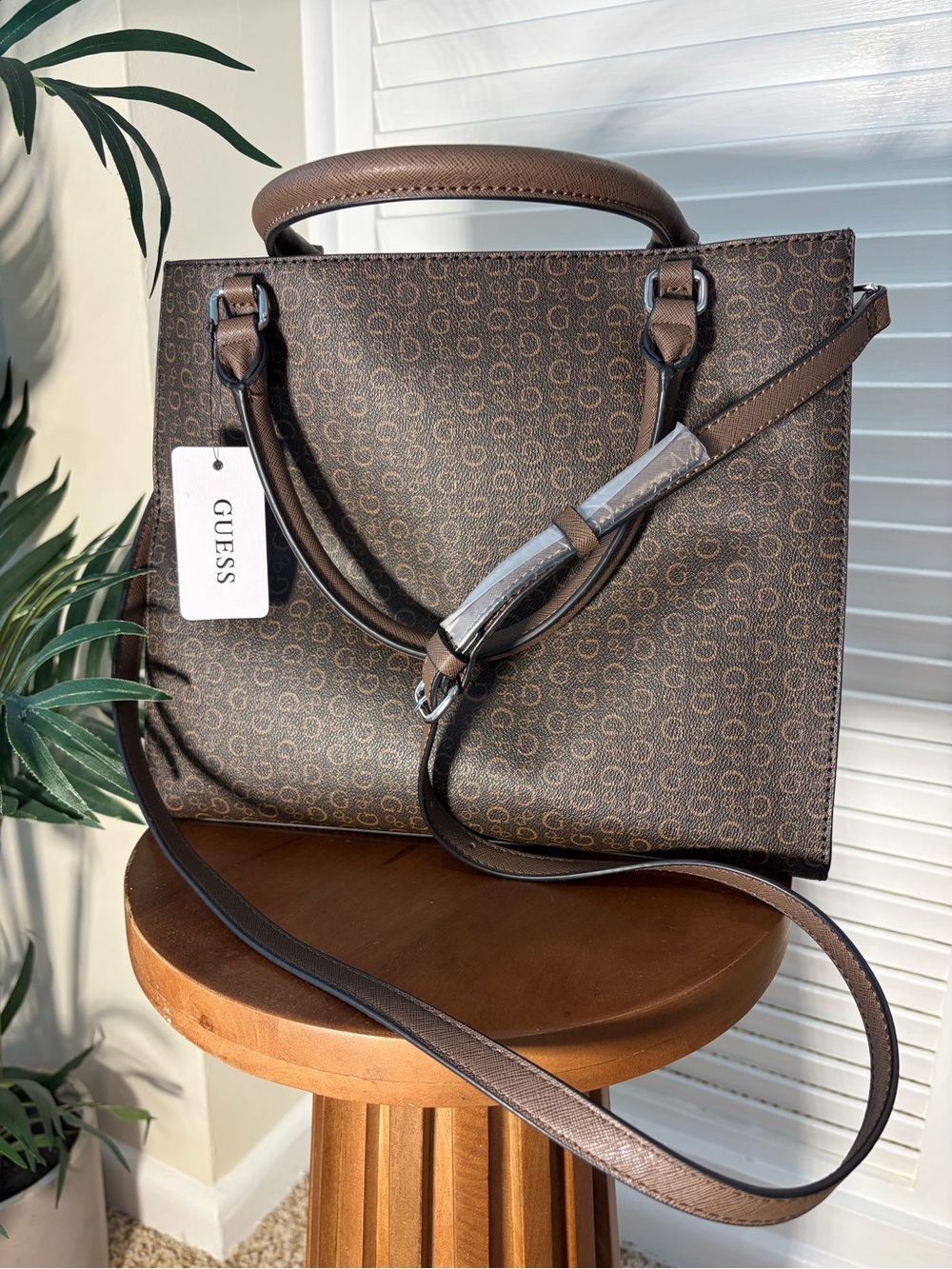 Guess Brown Monogram Satchel with Silver Accents - Picture 6 of 8